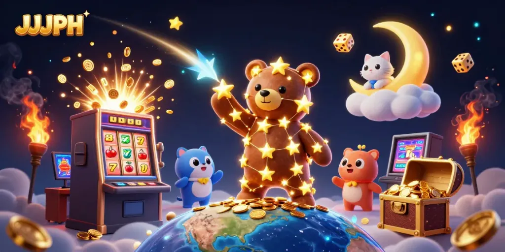 Immerse in JJJPH's vibrant casino world with a golden constellation bear, jackpot slot machine, and shooting stars.