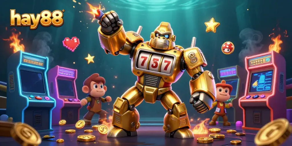 Experience thrilling gameplay at hay88 with a dynamic golden gorilla mech and arcade game elements.