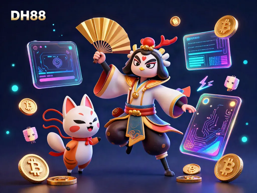 Join the excitement at DH88, where a kabuki warrior and kitsune celebrate your winning moments in a lively casino.