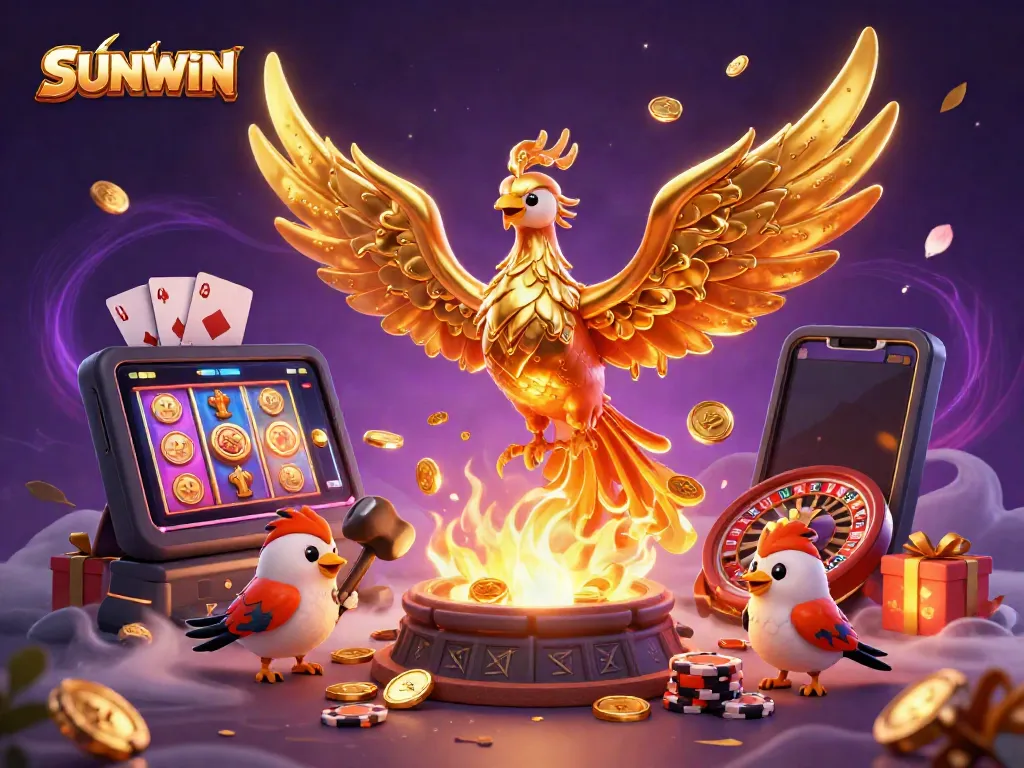 SUNWIN captures the excitement of online gaming with a golden phoenix, vibrant slot games, and dynamic casino elements.