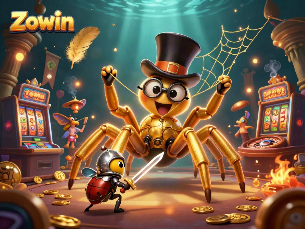 Zowin interactive casino experience with golden tarantula and beetle knight in dynamic scene