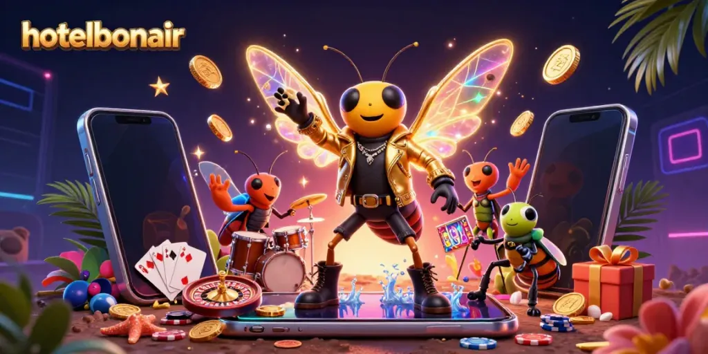 Engage with exciting gaming elements at hotelbonair, featuring a vibrant rock star scene with rich casino visuals.