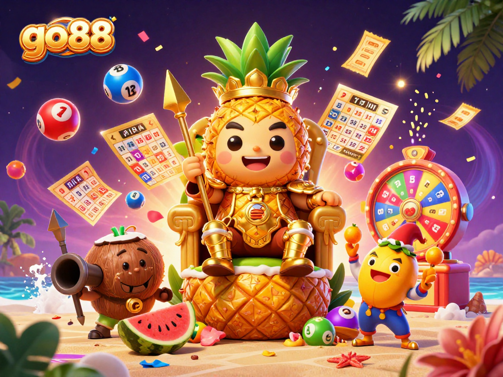 Engage at go88 with a vibrant scene of the golden pineapple king ruling the beach casino.