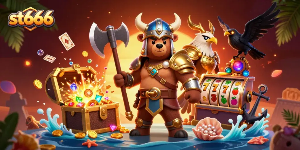Spin the reels with st666 in an exciting 3D casino illustration featuring vibrant characters and gaming elements.