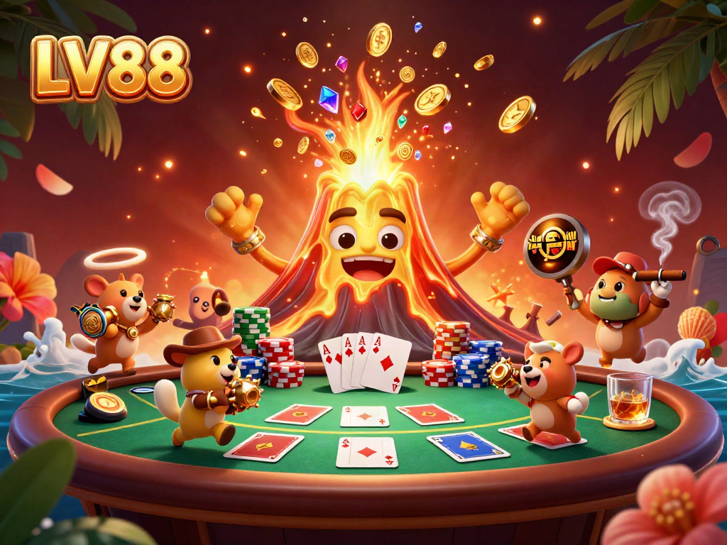 Engage with the thrilling LV88 volcano casino scene showcasing treasures and poker elements.