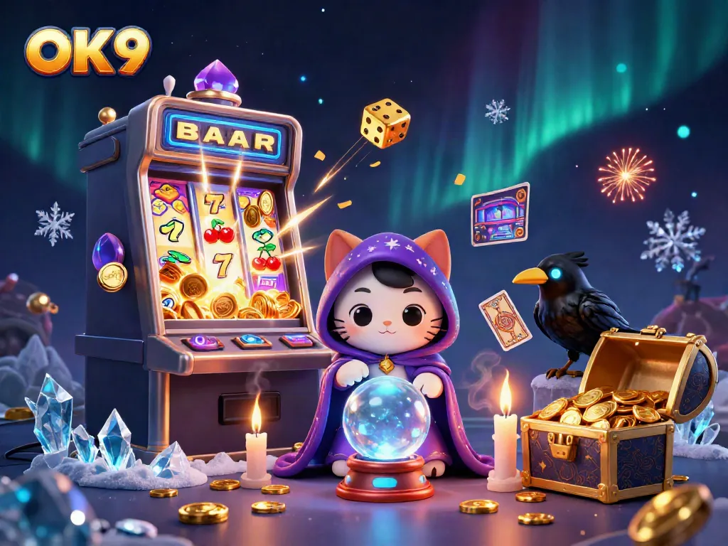 Engage in thrilling gameplay at OK9 with a vibrant scene showcasing a fortune teller cat, raven, and exciting casino elements.