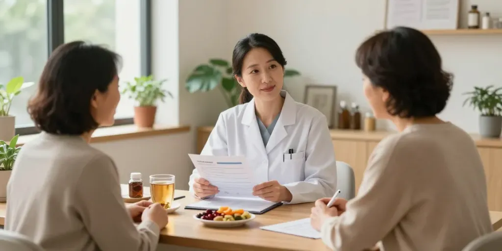 Menopause Nutritionist Surrey consultation with a client in a calm clinic.