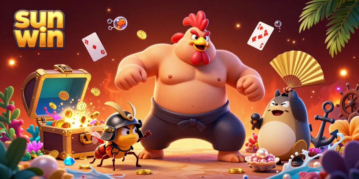 Experience the excitement of sun win with vibrant 3D characters in this dynamic casino scene full of treasures.
