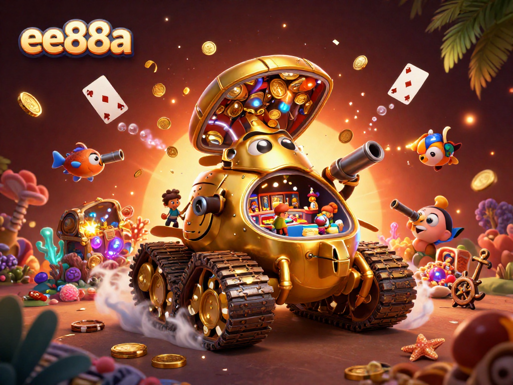 Experience the fun of ee88a casino with vibrant visuals of a miniature casino inside a golden beetle tank.