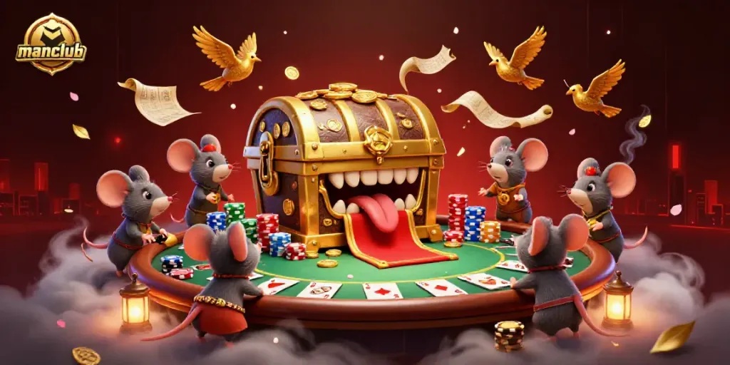 Engaging manclub scene with adventure mice and a treasure chest amidst poker game elements.