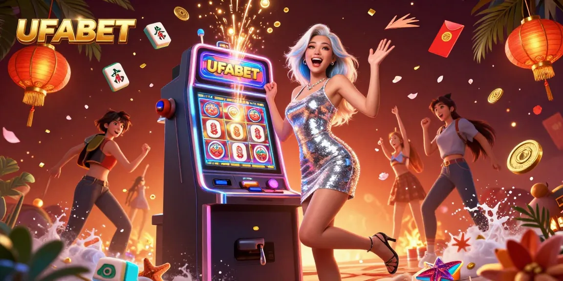 Experience thrilling slots action at UFABET with a celebratory scene featuring a jackpot win!
