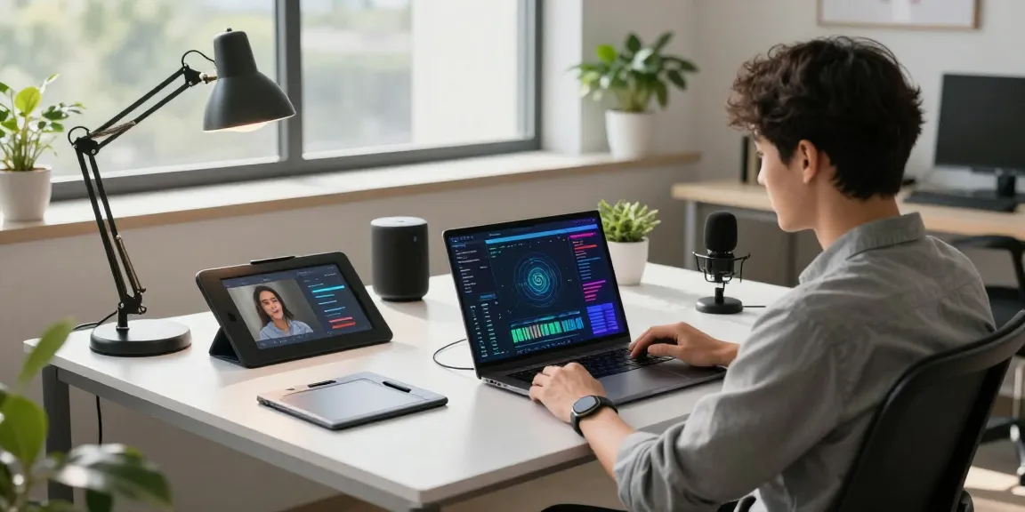 Young professional using an AI laptop in an innovative tech workspace, vibrant data analysis displayed.