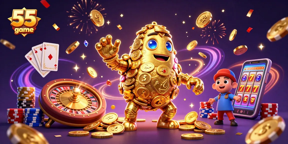 Engage in the 55 club game with dynamic golden golem, cards, and roulette world.