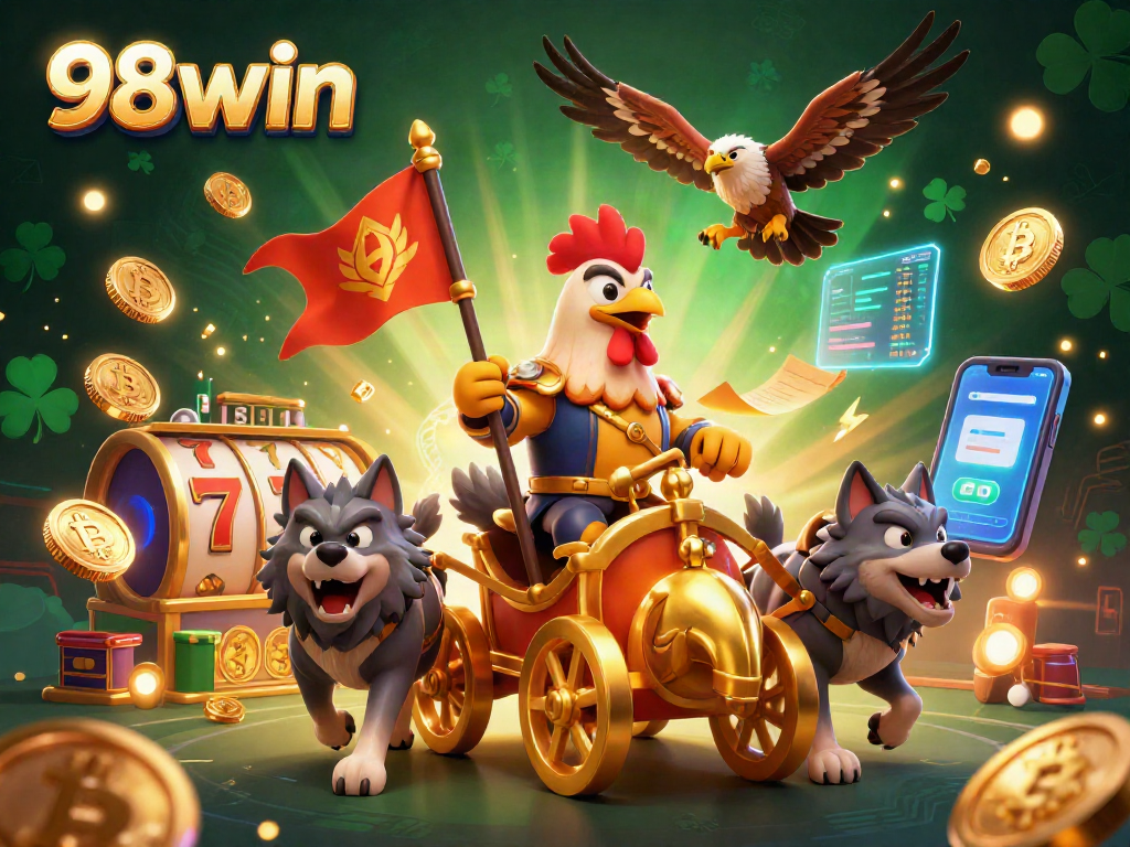 Join the excitement of 98win's casino games with lively characters in a vibrant banner.