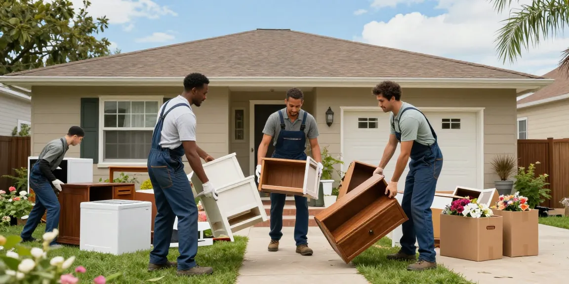 House clearance team efficiently removing old furniture and waste from a cozy home scene.