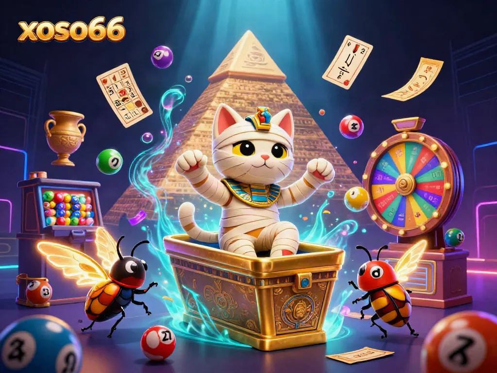 Xoso66 offers an exciting lottery experience with a vibrant Egyptian-themed gaming scene bursting with prizes and fun elements.