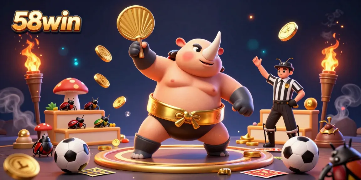 A dynamic 3D illustration of 58win showcasing a sumo beetle champion surrounded by sports betting elements, emphasizing an energetic gaming environment.