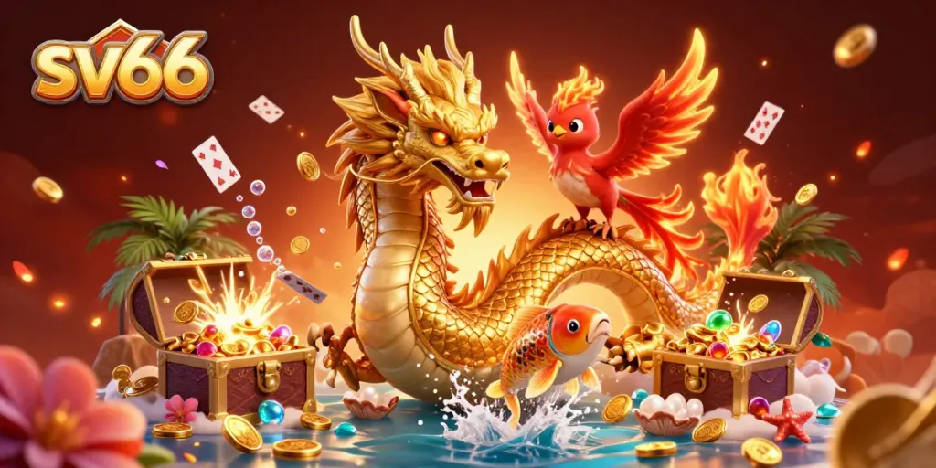 Experience the excitement at sv66 with a golden dragon, phoenix, and koi fish navigating through vibrant casino-themed visuals.