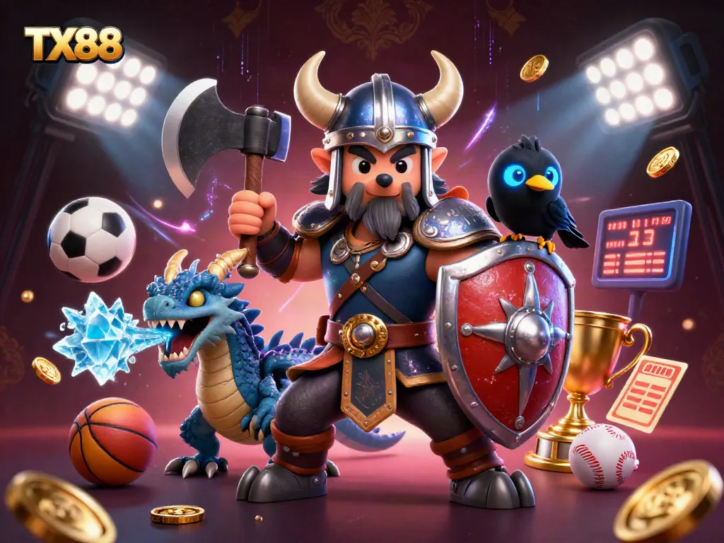 Bet on TX88 with thrilling illustrations of a Viking warrior, a fierce dragon, and dynamic sports elements