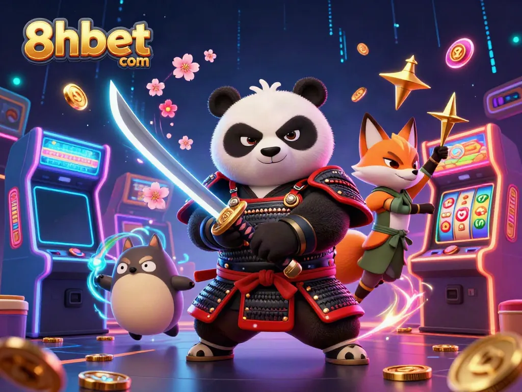 Engage in the world of 8xbet com with a dynamic illustration featuring samurai panda, ninja fox, and magical tanuki amid lively gaming elements.