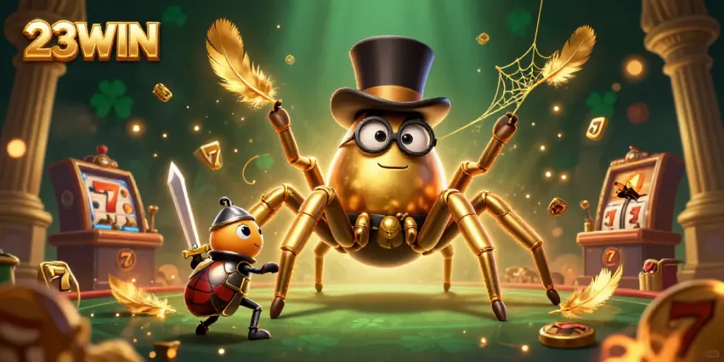 Experience the excitement at 23WIN with a golden tarantula and brave beetle knight in a dynamic casino scene.