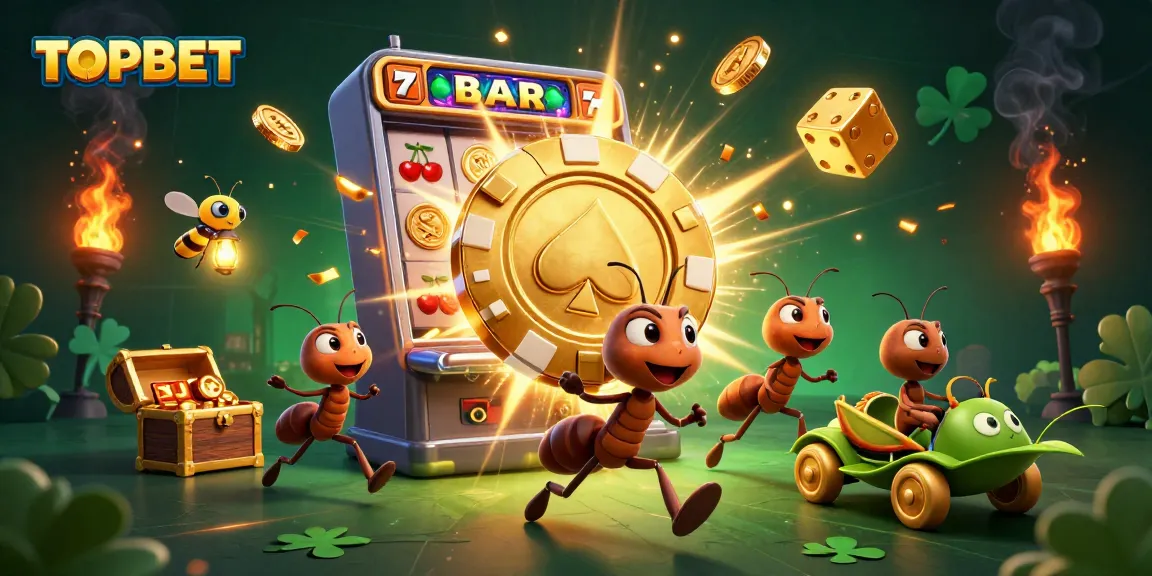 Engage with TOPBET through an exciting 3D illustration of cartoon ants involved in a heist amidst vibrant casino elements.