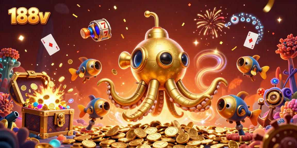 Engage with 188v in a vibrant underwater casino scene filled with gold treasures and vibrant game elements.