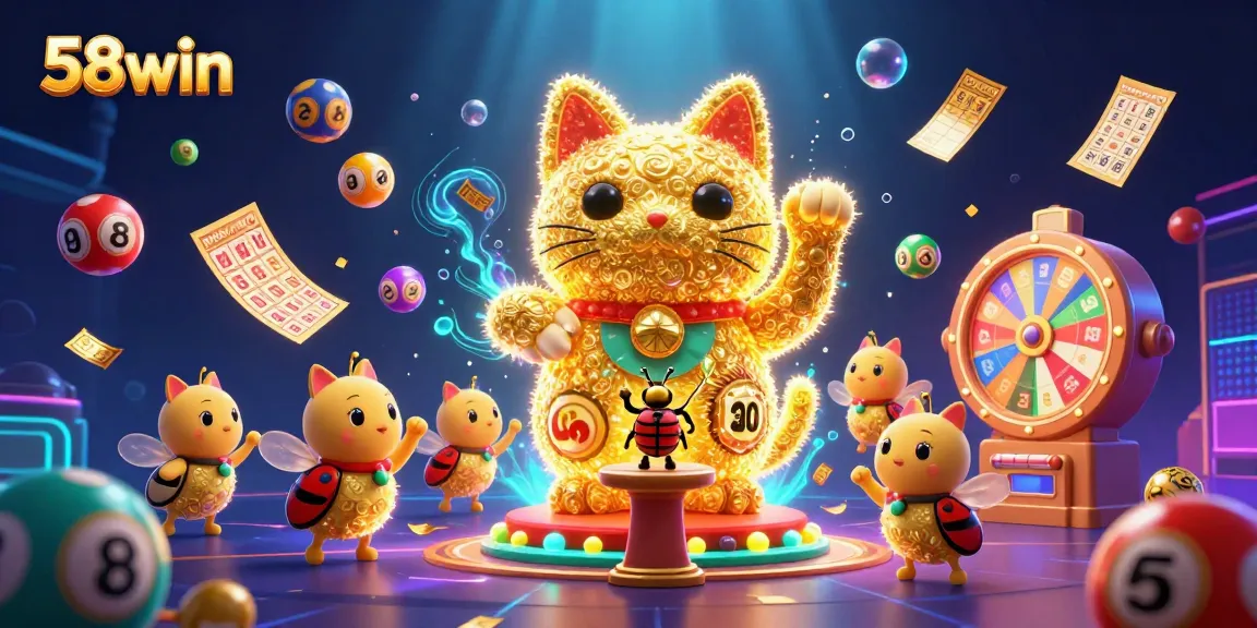 Capture the vibrant casino excitement at 58win with a dynamic scene of a lucky cat and gaming elements.