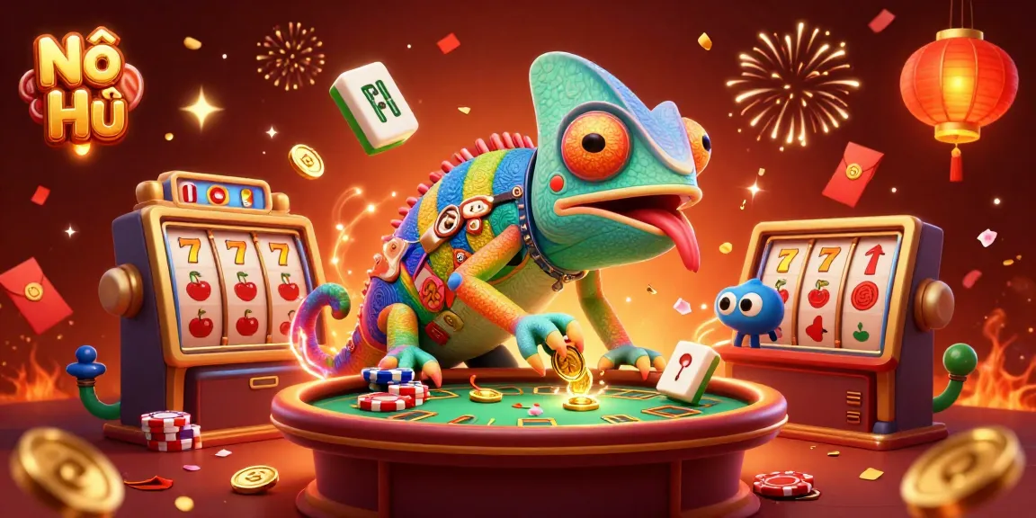 Nổ Hũ showcases vibrant gambling action with a colorful chameleon casino owner snapping up coins.