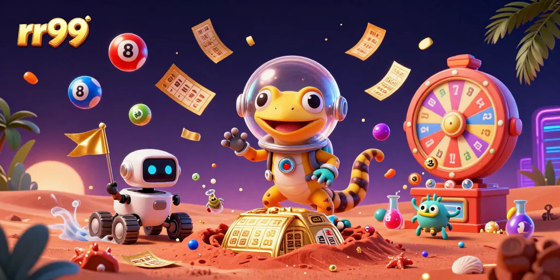 Engage in winning activities with rr99, featuring a Martian gecko exploring a golden casino.