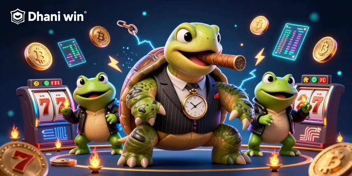 Dhani win showcases a vibrant 3D casino scene with a turtle and bullfrogs, engaging in thrilling gambling.