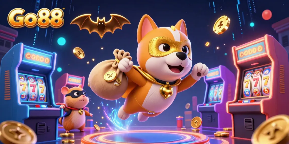 Experience the thrill of Go 88 with a superhero dog flying through a vibrant casino scene, packed with games and gold coins.