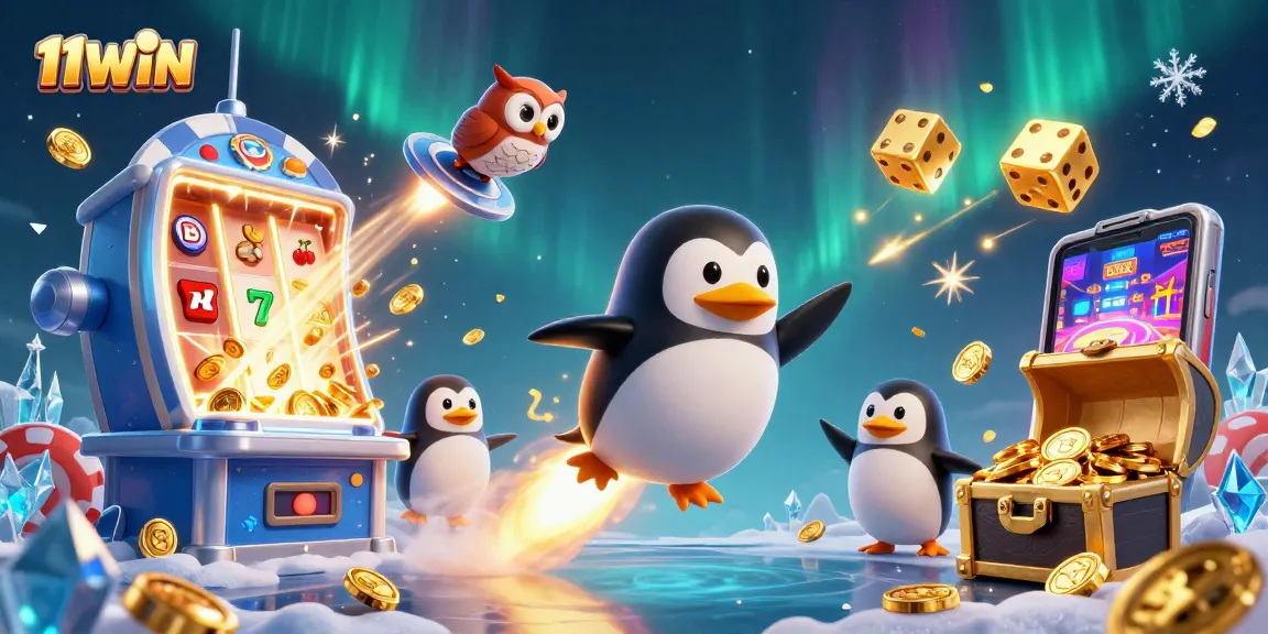 Engage with 11WIN by experiencing the thrill of a vibrant casino adventure featuring golden symbols and a dynamic penguin.