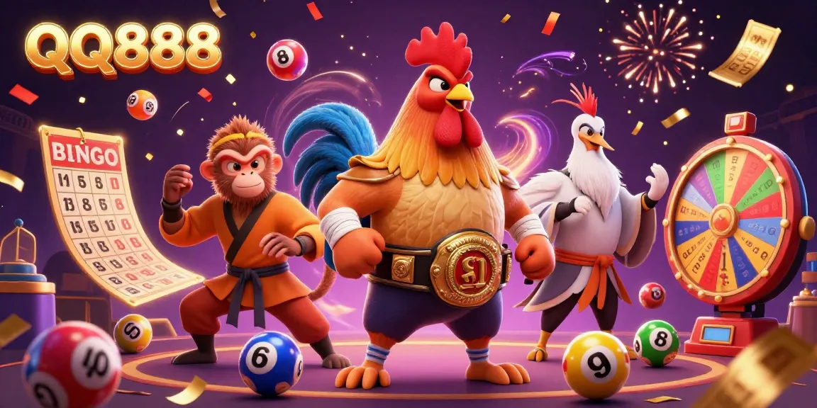 Experience the thrill of QQ888 with dynamic characters and vibrant casino game elements in a festive atmosphere.