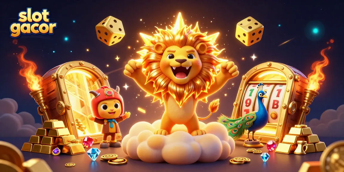 Engage with slot gacor dynamics, showcasing treasures and games in a vibrant 3D illustration.