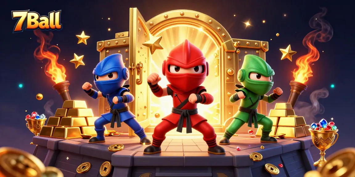 Join the fun at 7Ball with the thrilling ninja chameleons amidst a treasure-filled casino.