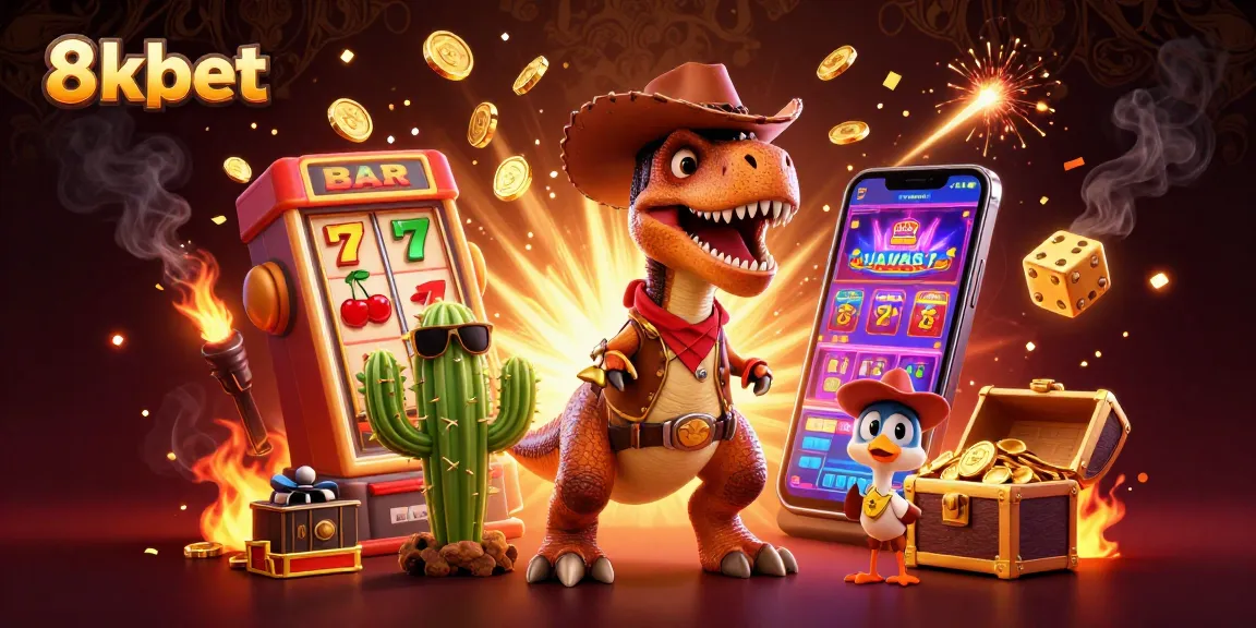 Experience thrilling games at 8xbet with a cowboy dinosaur and casino elements exploding with excitement.