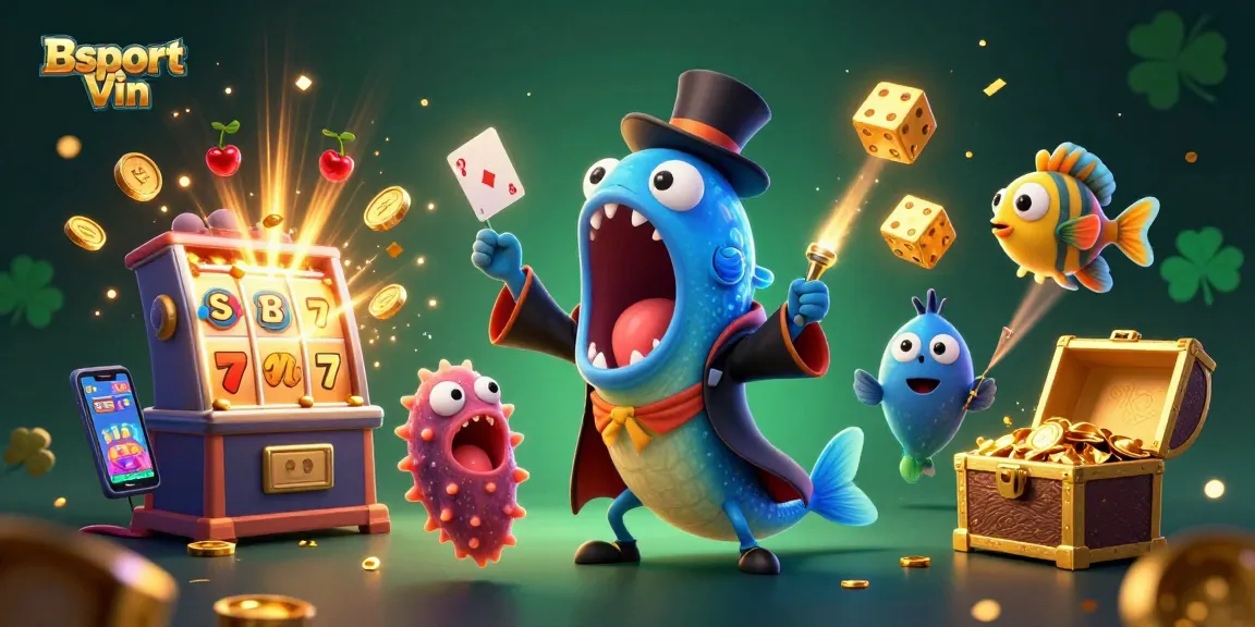 Engage with Bsport Vin's thrilling atmosphere featuring a magician eel and an anglerfish amidst casino excitement.