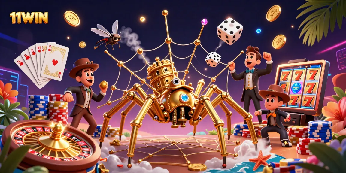 Engage with 11WIN's vibrant scene of a steampunk spider webbing golden chains and lucky dice in an exciting casino environment.