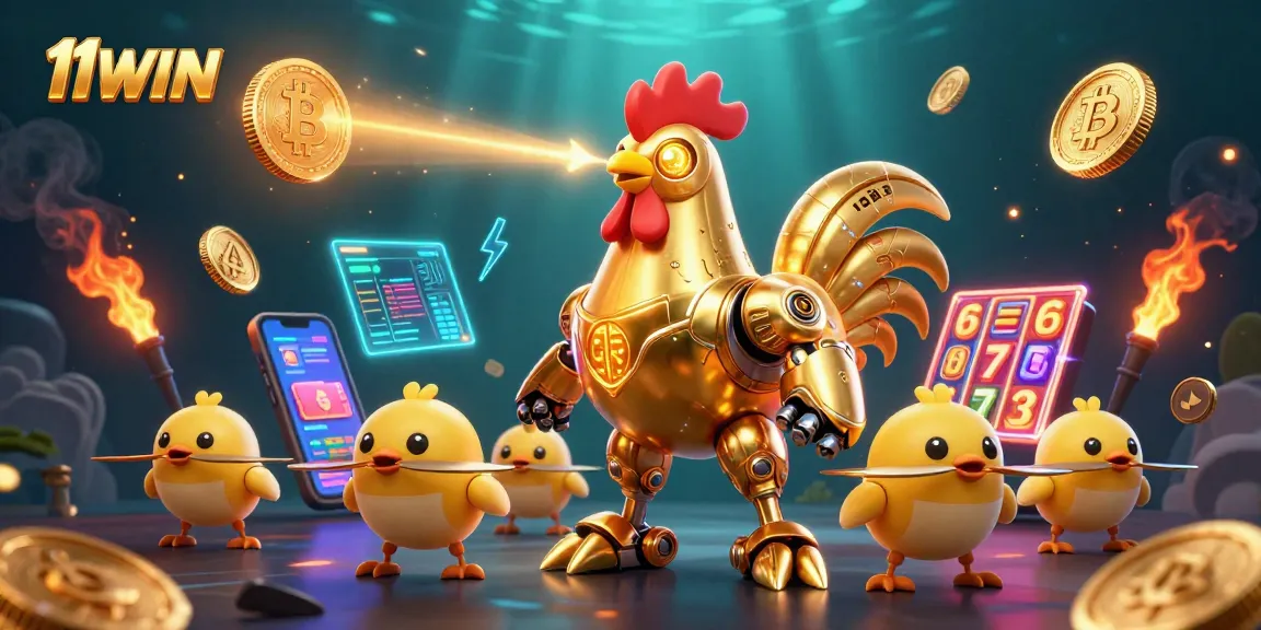 Experience 11WIN with vibrant neon coins and a golden rooster robot in a dynamic casino scene.